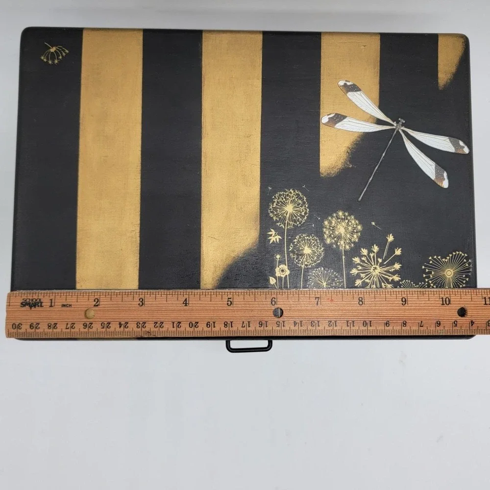 Vtg Wooden Jewelry Box Custom Hand Painted Black Gold Dragonfly Peacock